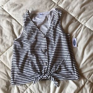 Blue and white striped v neck tank with front tie